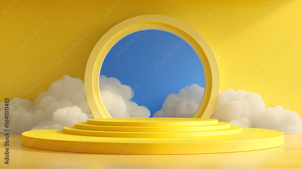 Poster yellow circular stage with three steps and a large round frame, set against a blue sky background wi