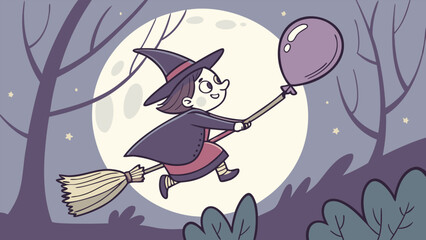 Illustration of a witch flying on a broom with a balloon in front of a moonlit night background