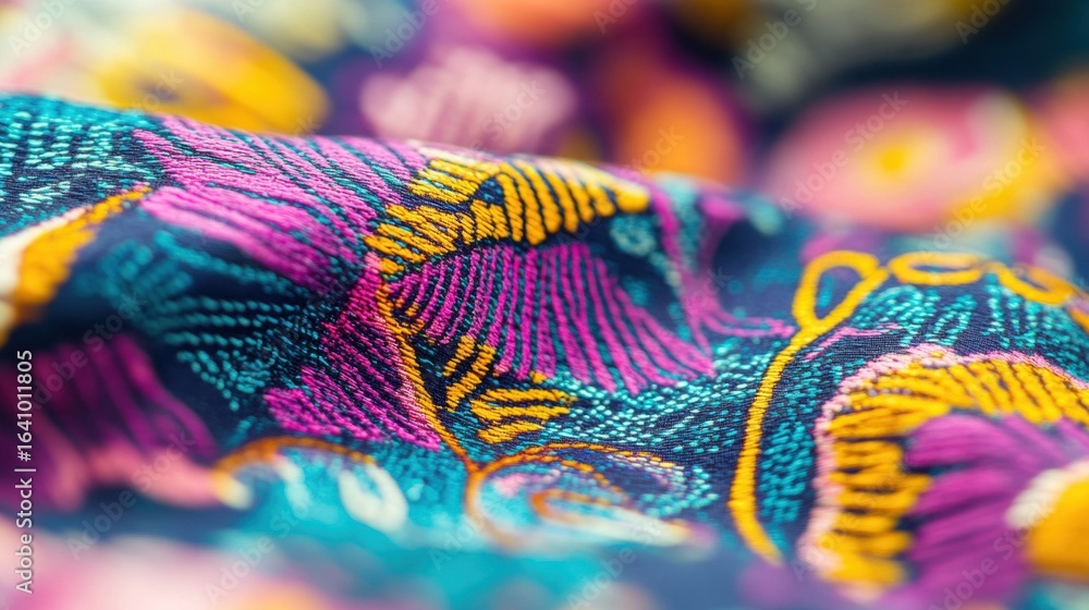 Poster intricate fabric design showcasing vibrant patterns and colors in close-up