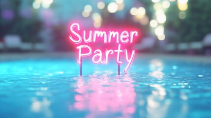 Vibrant summer party sign glowing over a refreshing pool at twilight