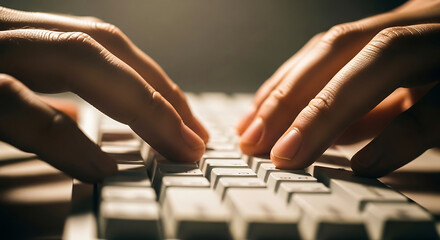 Close up of hands typing on a computer keyboard in dim light