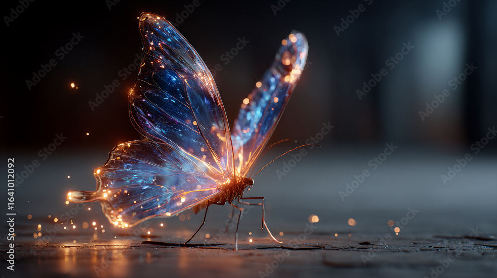 Aufkleber glowing crystal butterfly with sparkles on dark background. magical 3d rendering art with light effe