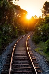 Sunset Glow Railroad Tracks Tropical Landscape golden hour