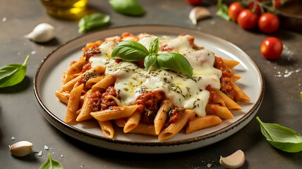 Delicious Penne Pasta in Tomato Sauce Topped with Melted Mozzarella and Fresh Basil An Italian Culinary Masterpiece Ready to Enjoy
