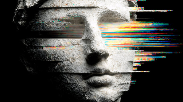 Digital glitch art effect with rainbow color distortion on stone sculpture face against black background. Abstract modern technology concept for album cover or music poster