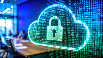 Cloud Security: The image shows the essence of cloud security, with a glowing digital cloud icon overlaid with a padlock symbol, symbolizing data protection and safeguarding information.