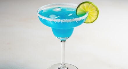Refreshing Blue Margarita Cocktail with Lime Slice and Salted Rim on White Background