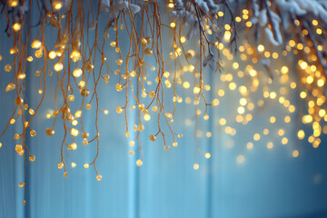 Warm yellow fairy lights hang delicately from thin branches against a soft blue background, creating a cozy and festive ambiance with gentle glowing orbs