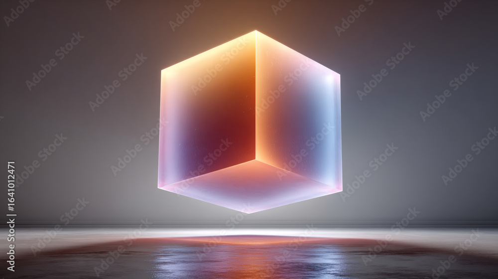 Poster glowing cube floating in dark space with neon light effect. abstract geometric 3d visualization with