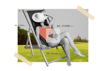 Creative drawing collage picture of attractive young female chaise lounge relax have rest so tired...