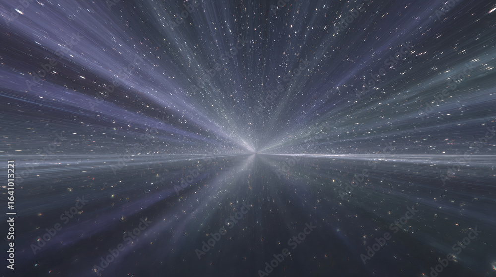 Poster cosmic light rays bursting through dark space with shining stars. abstract galaxy background with ra