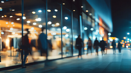 Blurred silhouettes of people walking along a brightly lit glass storefront at night, creating a vibrant urban atmosphere with reflections and bokeh lights