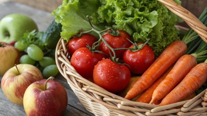 A vibrant basket filled with fresh vegetables and fruits, including tomatoes, carrots, lettuce, and apples, showcasing healthy eating and organic produce.