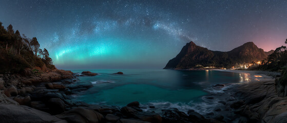 Naklejka premium Starry night sky with a glowing aurora over a serene coastal bay, surrounded by rocky shores, trees, and distant mountains illuminated by soft lights