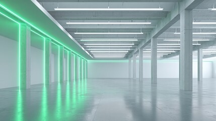 Obraz premium Spacious Empty Commercial Warehouse Interior with Neon Lighting and Concrete Columns for Product Display or Industrial Use