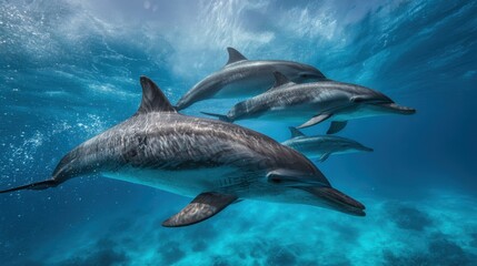 Fototapeta premium Pod of Dolphins Swimming in Blue Ocean Waters, Underwater Marine Life, Ocean Conservation