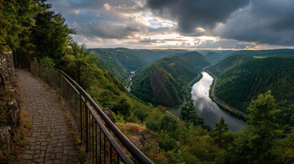 Scenic view of the Saar river loop from a hilltop viewpoint in or Scholz