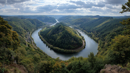 Scenic view of the Saar river loop from a hilltop viewpoint in or Scholz