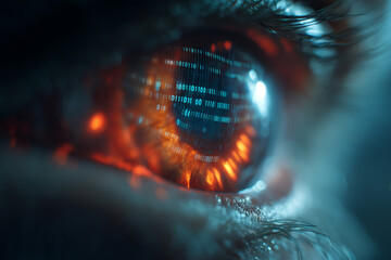 Close-up of a human eye reflecting glowing binary code, symbolizing the connection between vision and digital technology or data analysis in a futuristic, cybernetic context