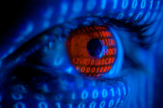 Close-up of a human eye with digital binary code reflected in the iris, symbolizing technology, data analysis, and cybersecurity in a futuristic blue and red color scheme