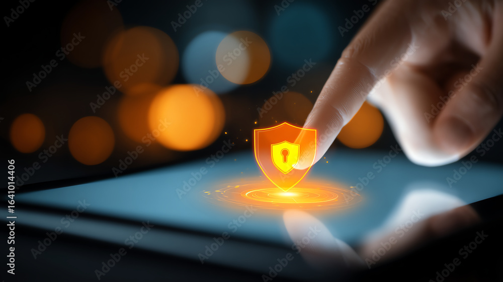 Poster a finger interacts with a tablet screen displaying a glowing orange shield with a keyhole, symbolizi