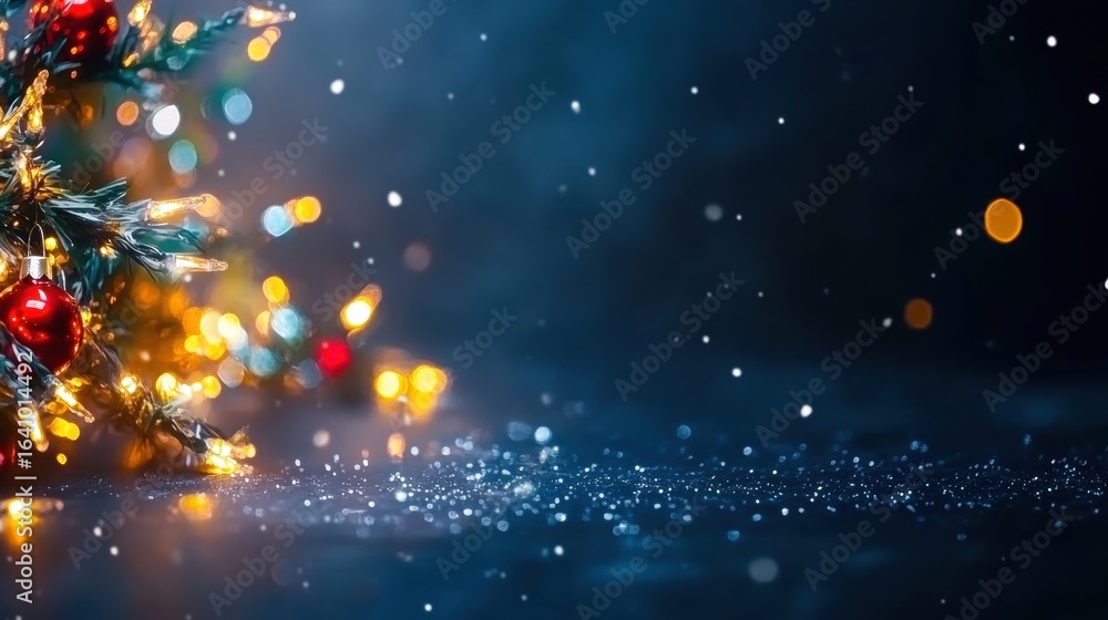 Poster christmas tree with colorful lights and snowflakes in a dark setting