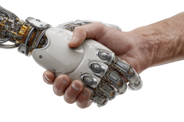 A robotic hand shakes hands with a human hand.  Complex mechanical parts are visible on the robotic hand, while the human hand shows age and texture