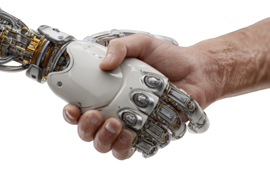 A robotic hand shakes hands with a human hand. Complex mechanical parts are visible on the robotic hand, while the human hand shows age and texture