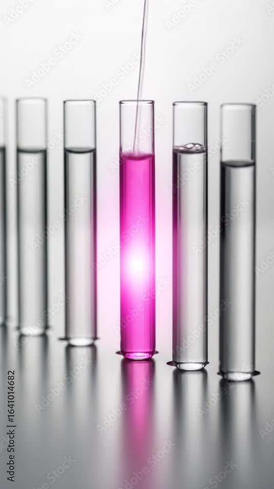 Poster row of test tubes with clear liquid and one with pink solution against a white background in a labor