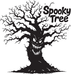 Spooky Tree Halloween Vector &ndash; Twisted Bare Branches and Evil Face Silhouette with Stylized Text for Eerie Designs