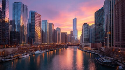 Obraz premium Downtown Chicago cityscape skyscrapers skyline at sunset.