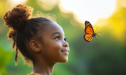 Happy African American disabled child in a wheelchair, looking at the sky with a single butterfly. The image represents inclusivity, diversity, and a hopeful future, Generative AI