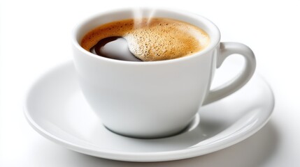 Fototapeta premium Aromatic Cup of Espresso Coffee: Close-up of Steaming Beverage on White Background for Morning Energy