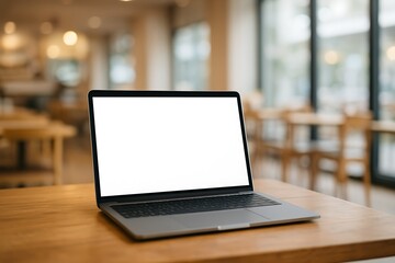 Silver laptop open on wooden table in cafe technology interior