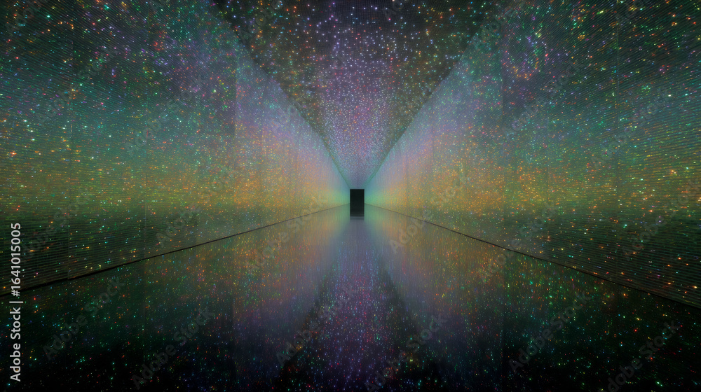 Poster dark tunnel with bright light at end and starry effect. mystical pathway in space concept. abstract 