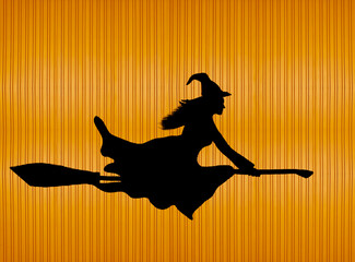 Vector illustration of black witch silhouette flying on broom isolated on orange  wall  corrugated...