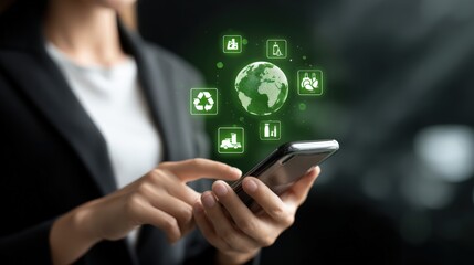 Woman Using Smartphone with Green Technology Interface: Sustainable Solutions and Digital Ecology for Environmental Business