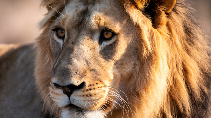 Majestic male lion close up portrait in golden hour light