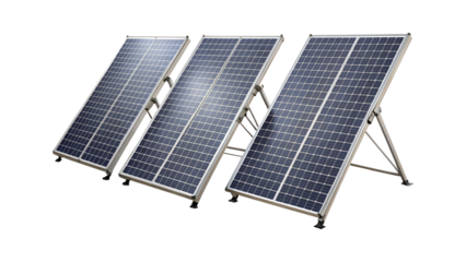 Three solar panels, a renewable energy source, isolated on transparent background, representing clean technology and sustainable power generation for the future