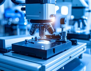 A close-up of a sophisticated microscope focused on a sample stage in a lab setting