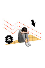 Vertical photo collage of young unsatisfied girl sad depressed money loss falling big coin...