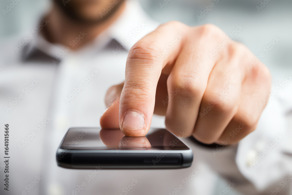 Poster a close-up of a person’s finger touching the screen of a smartphone, suggesting interaction with a m