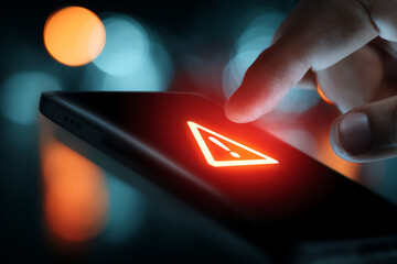 A finger is about to tap a glowing red warning icon on a smartphone screen, symbolizing an alert or error in a low-light setting with blurred colorful bokeh in the background
