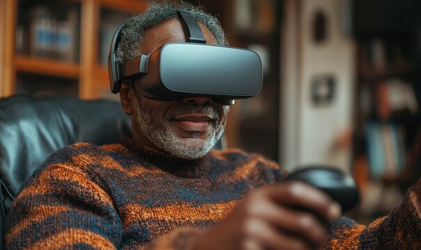 Candid image of a disabled Black man gaming at home with a VR headset. The image highlights the role of virtual reality in enhancing the gaming experience for individuals, Generative AI