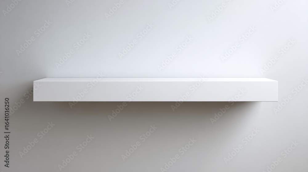 Poster minimalist white floating shelf on a clean white wall ready for product placement and display