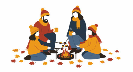 Cozy Fall Camping: Family Gathering Around Campfire Roasting Marshmallows