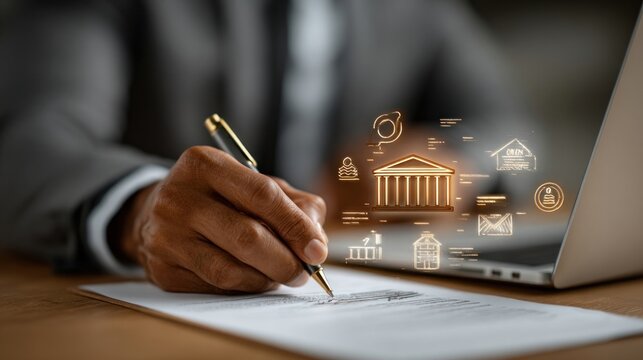 Business professional reviewing legal documents on laptop with digital icons for contract management and compliance - Powered by Adobe