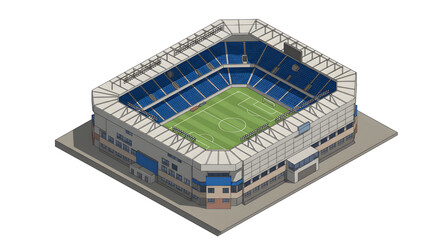 A detailed 3D isometric vector illustration of a Ibrox stadium, a modern sports arena for championship games.