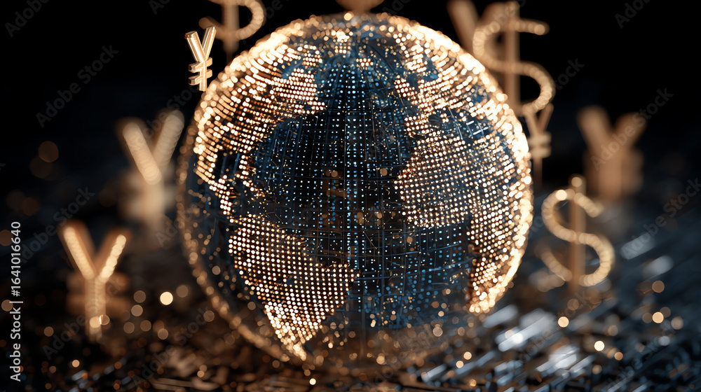 Poster a glowing digital globe made of illuminated dots representing continents, surrounded by floating cur