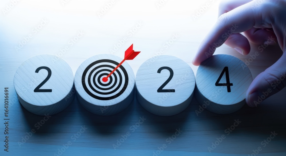 Poster setting goals for 2024: hand placing number on wooden blocks with target and arrow